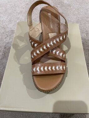 Naturalizer Tan Brown Leather Wedge Sandal with White Accent Stitching